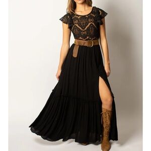 Joyfolie Black Lace Maxi Dress with Tan Accents